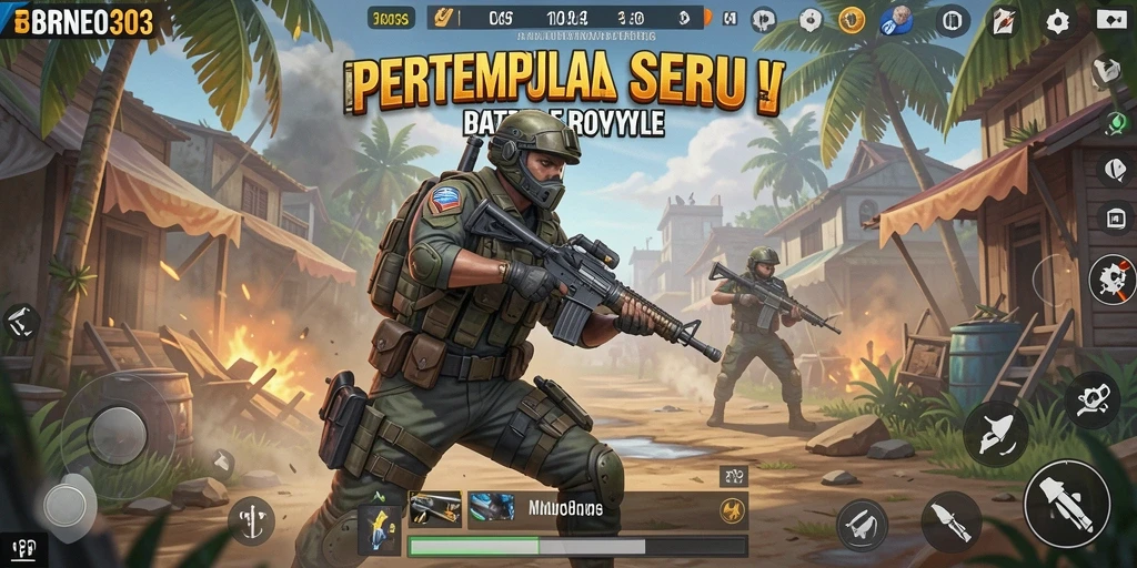Tangkapan layar BORNEO303 menunjukkan aksi pertempuran Battle Royale yang mendebarkan.