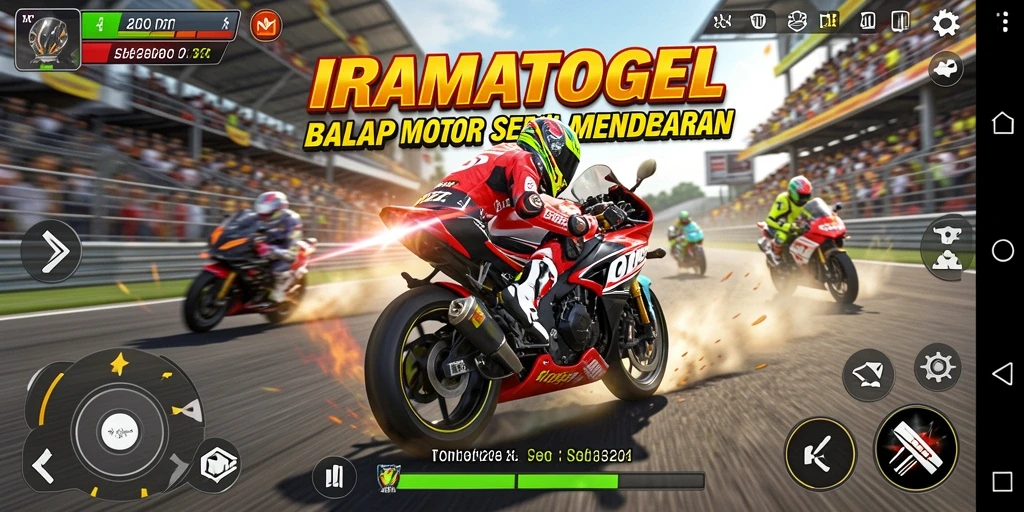 Gameplay seru IRAMATOGEL dengan aksi balap motor yang mendebarkan.