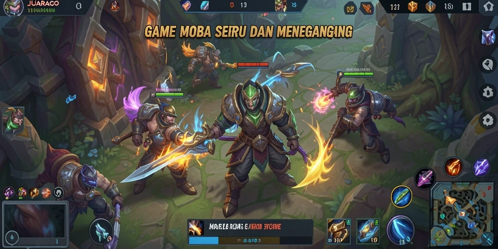 Tangkapan layar gameplay JUARAGO yang menampilkan aksi pertarungan MOBA.