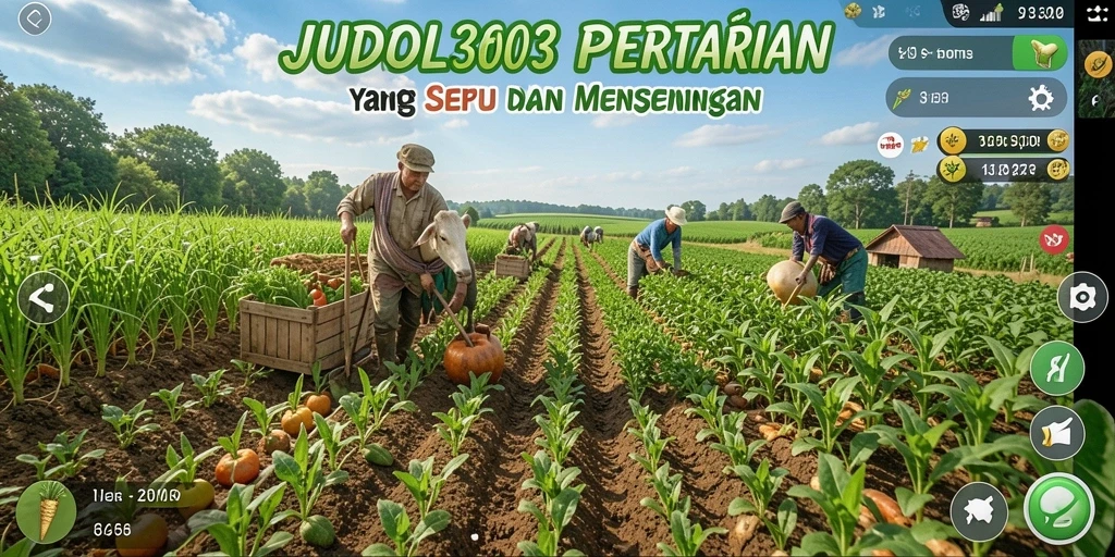 Screenshot gameplay JUDOL303 menampilkan ladang yang subur dan hewan ternak.
