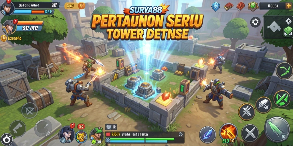 Tampilan menarik gameplay SURYA88 dengan berbagai tower bertahan.